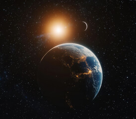 Fototapeta premium Cosmic view of Earth with bright sun and distant moon against the backdrop of space