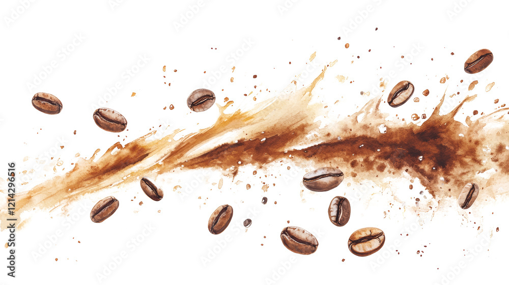 Poster a watercolor painting depicts a splash of brown coffee liquid with coffee beans scattered around, cr