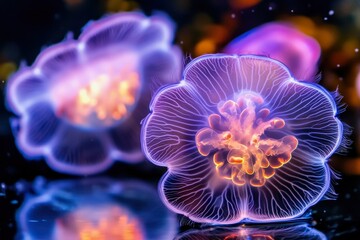 Fototapeta premium Inside a jellyfish’s translucent body, showing its glowing internal structures