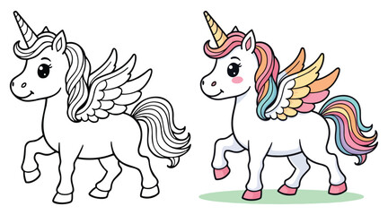 Cute Kawaii Unicorn Line Art Vector Illustration Black and White with Coloring Sample. Bold and Easy Animals Coloring Pages for Adults and Kids. Kids apparel print design