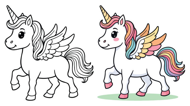 Cute Kawaii Unicorn Line Art Vector Illustration Black and White with Coloring Sample. Bold and Easy Animals Coloring Pages for Adults and Kids. Kids apparel print design