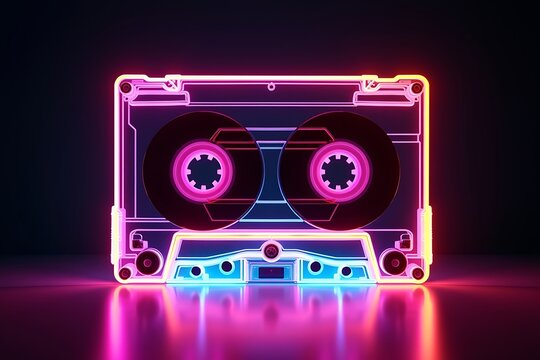 A glowing cassette tape radiates vibrant neon lights in a retrofuturistic style - Powered by Adobe