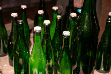 Degorgement manual process in caves, traditional method of production of cremant sparkling wine in south part of Luxembourg country on bank of Moezel, Mosel river.