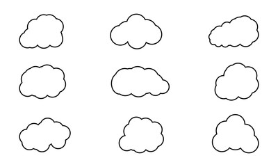 Stroke outline cloud icons set isolated on white background. Cloud services and weather Linear icon collection. Vector illustration.
