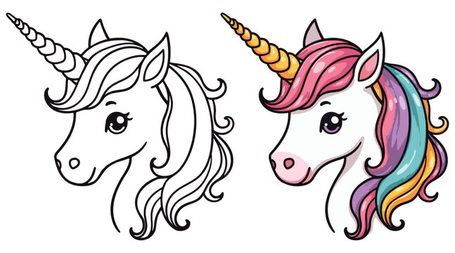 Cute Kawaii Unicorn Head Line Art Vector Illustration Black and White with Coloring Sample. Bold and Easy Animals Coloring Pages for Adults and Kids. Kids apparel print design