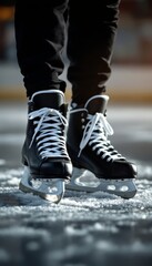 Close-up of black ice skates with white laces on a frozen ice rink surface