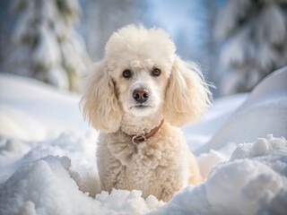Fluffy White Poodle Playing in a Winter Wonderland Snowdrift