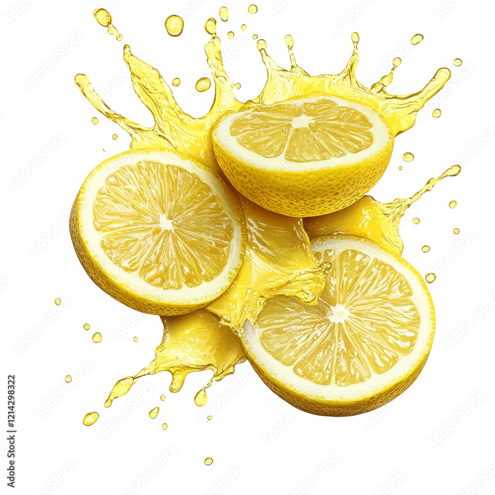 Aufkleber Three lemon slices are shown with a splash of bright yellow juice creating a dynamic and refreshing image.