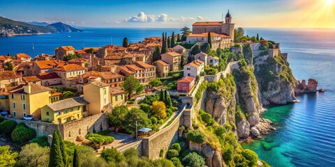 Naklejka premium Fortified City on French Riviera Coastline, Azure Sea Background - Stock Photo
