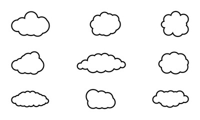 Stroke outline cloud icons set isolated on white background. Cloud services and weather Linear icon collection. Vector illustration.
