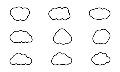 Stroke outline cloud icons set isolated on white background. Cloud services and weather Linear icon collection. Vector illustration.