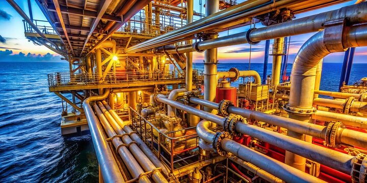 FPSO Vessel Pipes and Machinery: Industrial Detail Stock Photo
