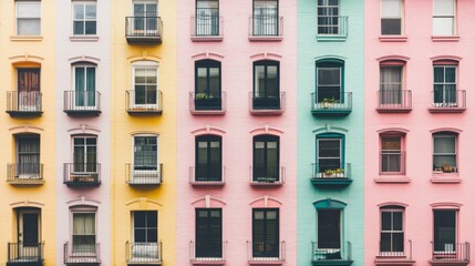 Fototapeta premium Colorful building facade with multiple windows and balconies.