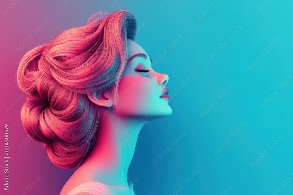 Sticker Serene Woman Profile Neon Pink Blue Hair Updo