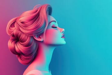 Serene Woman Profile Neon Pink Blue Hair Updo