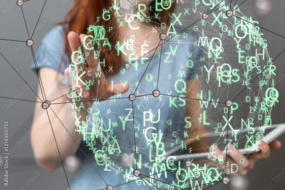 Poster Neural network 3D illustration. Big data and cybersecurity
