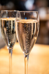 Tasting sparkling white wine, traditional champagne method making of cremant in caves on Moselle river valley in Luxembourg, wine tour and visiting caves