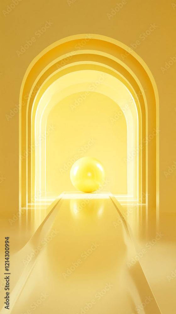 Poster minimalistic yellow abstract scene with geometric arches and a glossy sphere