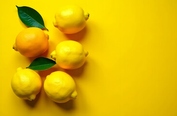 Creative background with fresh lemons and green leaves on bright yellow background. Top view flat lay copy space. Lemon fruit citrus minimal concept vitamin C. Composition with whole, slices of lemons