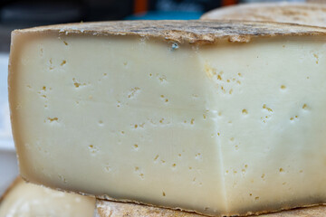 Farmer shop in Biarritz, France, Basque Country and Pyrenees sheep, cow and goat cheeses for sale, Tomme, Fermier Brebis, farmers cheese