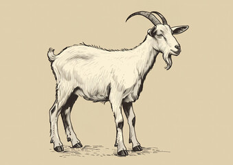 Goat. Vintage retro print, black white goat sketch ink pencil style drawing, engrave old school. Sketch artwork silhouette goat, white background. Side view profile. Illustration