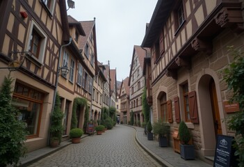 Fototapeta premium Alley with timber-framed houses and blooming flowers