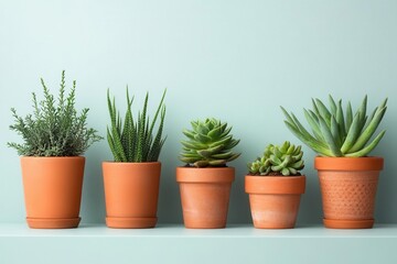 modern botanical still life with minimal terracotta pot, young succulent plant, clean light blue wall, contemporary styling