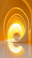 Abstract yellow arches with glowing sphere and elegant reflections