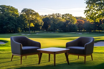 Fototapeta premium A photograph depicting two chairs and a table on a golf course, with green color elements
