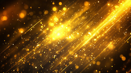 An abstract image with golden sparkles and light radiating in waves into the depths of a dark space.
