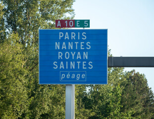 Road signs and directions, driving car in summer on French road, tourists destinations French cities and villages, different types or roads in France, transportation and traffic problems