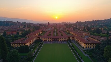 Sunset view over Italian city and gardens