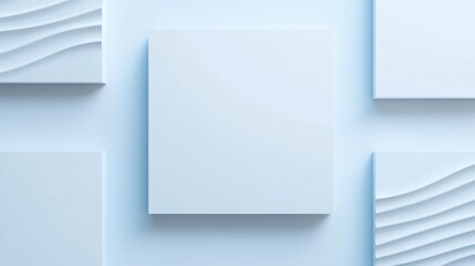 top down view of wave-inspired geometric designs in bold blues and whites arranged dynamically on clean surface