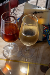Sherry fino, manzanilla, olorosso wine, jerez fortified wine made from palomino white grape served in Jerez de la Frontera, Cadiz, Andalusia, Spain