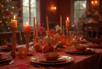 Elegant Christmas dining table with candles and festive decor