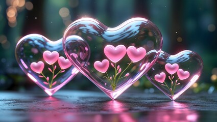 Beautiful Pink Blooms in Trio of Glass Heart Sculptures.Glossy pink heart shape on a soft Gradient,Symbolizing love and affection in a modern.Very most of the popular art,celevration for valantine day