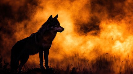 Naklejka premium Silhouetted wolf against fiery sunset background.