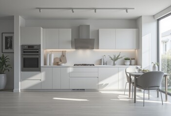 Fototapeta premium Contemporary kitchen with white cabinets and natural light