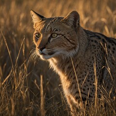 Obraz premium A majestic bobcat, its keen eyes piercing the undergrowth, blends seamlessly with the forest floor.A striking close-up of a cheetah, showcasing its sleek coat and intense gaze. 