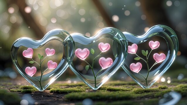 Beautiful Pink Blooms in Trio of Glass Heart Sculptures.Glossy pink heart shape on a soft Gradient,Symbolizing love and affection in a modern.Very most of the popular art,celevration for valantine day