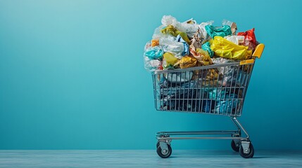 Shopping cart filled with garbage on a blue background, symbolizing consumerism and the excess of buying junk, with space for text or messaging.
