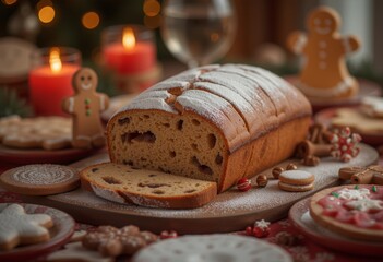 Fototapeta premium Festive Holiday Bread with Powdered Sugar and Decorative Christmas Cookies on a Cozy Candlelit Table Setting
