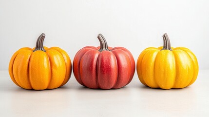 Obraz premium A photostock of small pumpkins in vibrant orange hues paired with pastel tones, placed on a neutral beige background for autumn themes. High Quality