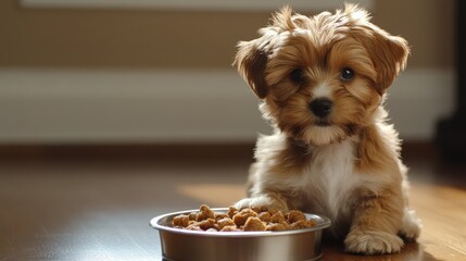 Adorable Puppy Sitting Next to Food Bowl in Kitchen