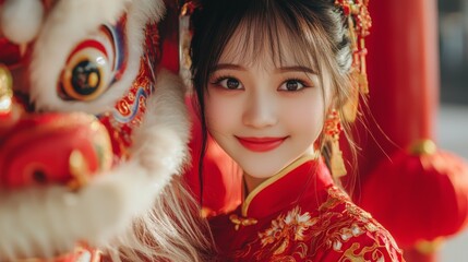 Smiling Chinese Girl with Dragon Costume