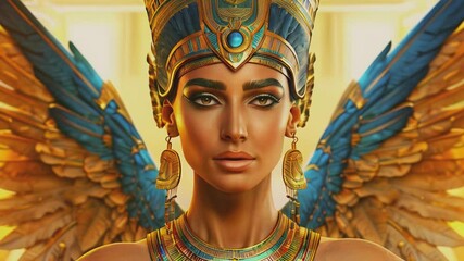 Ancient Egyptian goddess Isis, showcasing her majestic wings and regal presence. This image highlights the mystique and reverence surrounding one of Egypt's most beloved deities.