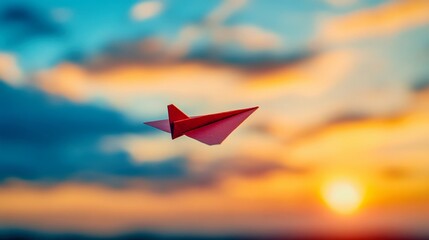 The perspective of a paper airplane flying through the air, aiming toward a distant horizon
