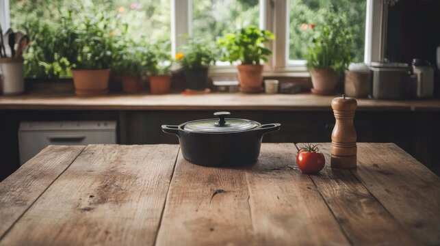 Rustic kitchen table with black pot, tomato, pepper mill, and herbs in window background.