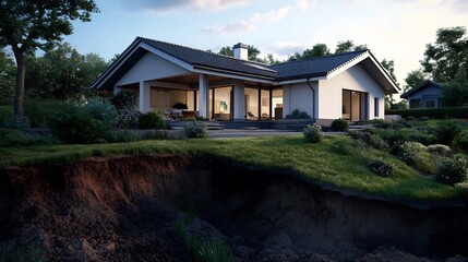 Naklejka premium Modern Ranch House on Cliffside: Evening Ambiance