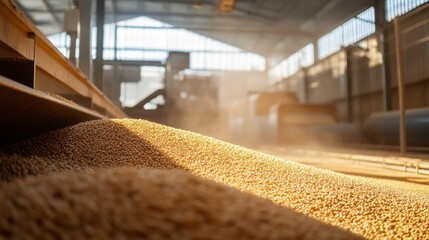 A warehouse filled with freshly harvested grains being processed for packaging